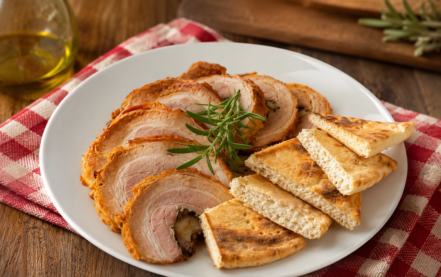 La porchetta umbra affettata con il pane